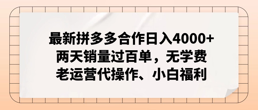 （12869期）拼多多最新合作日入4000+兩天銷量過百單，無(wú)學(xué)費(fèi)、老運(yùn)營(yíng)代操作、小白福利 - 嚴(yán)選資源大全
