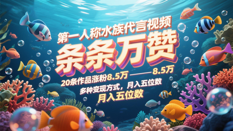 第一人稱(chēng)水族代言視頻,條條萬(wàn)贊,20條作品漲粉8.5萬(wàn),多種變現(xiàn)方式月,入五位數(shù) - 嚴(yán)選資源大全 - 嚴(yán)選資源大全