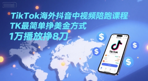 TikTok海外抖音中視頻陪跑課程，TK最簡單掙美金方式，1萬播放掙8刀 - 嚴選資源大全