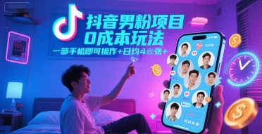 抖音男粉項目0成本玩法，一部手機即可操作，日均4張+，時間自由 - 嚴選資源大全