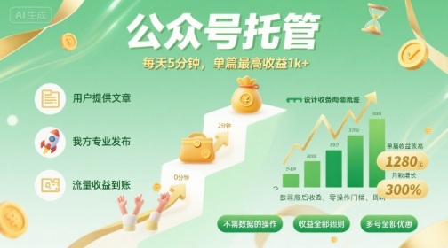 【公眾號托管 】我提供文章，你發布，每天5分鐘，單篇最高收益1k+【揭秘】 - 嚴選資源大全