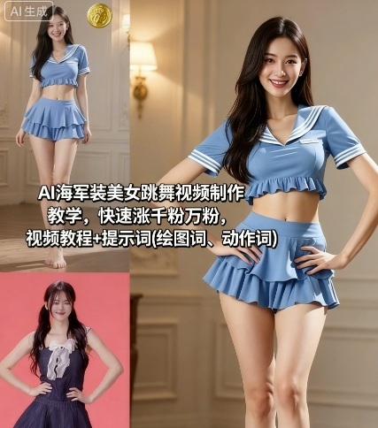 AI海軍裝美女跳舞視頻制作教學(xué),快速漲千粉萬粉,視頻教程+提示詞(繪圖詞、動作詞) - 嚴(yán)選資源大全