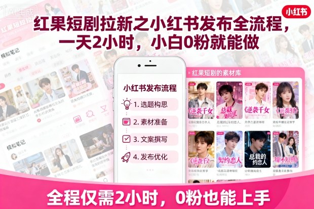 紅果短劇拉新之小紅書發布全流程,一天2小時,小白0粉就能做 - 嚴選資源大全
