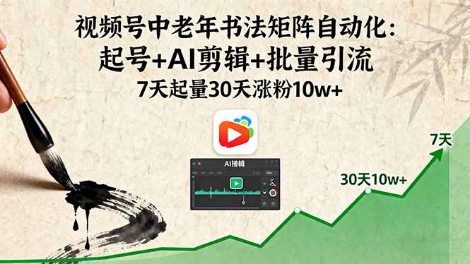 視頻號中老年書法矩陣自動化：起號+AI剪輯+批量引流 7天起量30天漲粉10w+ - 嚴選資源大全