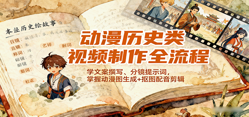 動漫歷史類視頻制作全流程，學文案撰寫、分鏡提示詞，掌握動漫圖生成+摳圖配音剪輯 - 嚴選資源大全