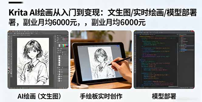 Krita AI繪畫從入門到變現(xiàn)：文生圖/實(shí)時(shí)繪畫/模型部署，副業(yè)月均6000元 - 嚴(yán)選資源大全