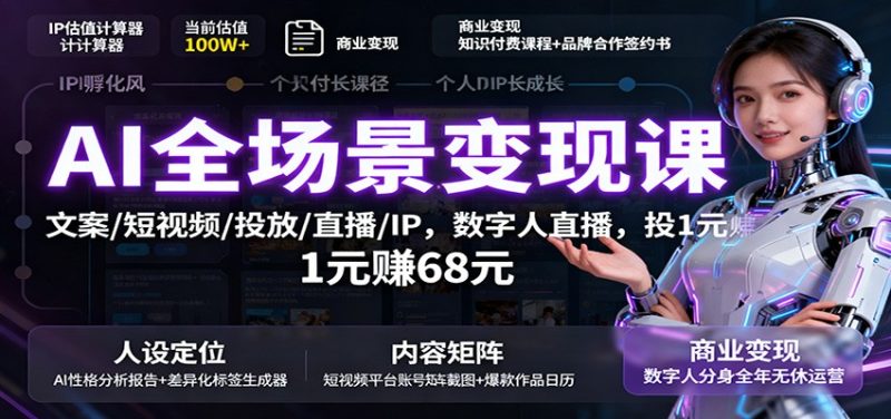 AI全場景變現(xiàn)課:文案/短視頻/投放/直播/IP,數(shù)字人直播,投1元賺68元 - 嚴選資源大全 - 嚴選資源大全