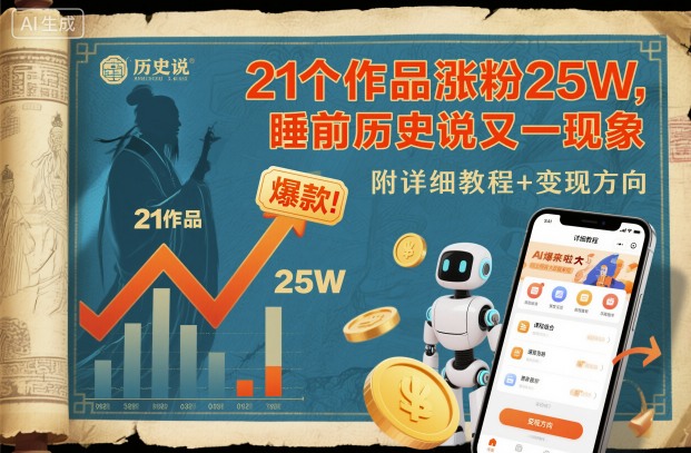 21個作品漲粉25W,睡前歷史說又一現象級AI內容大爆款來啦,附詳細教程+變現方向 - 嚴選資源大全
