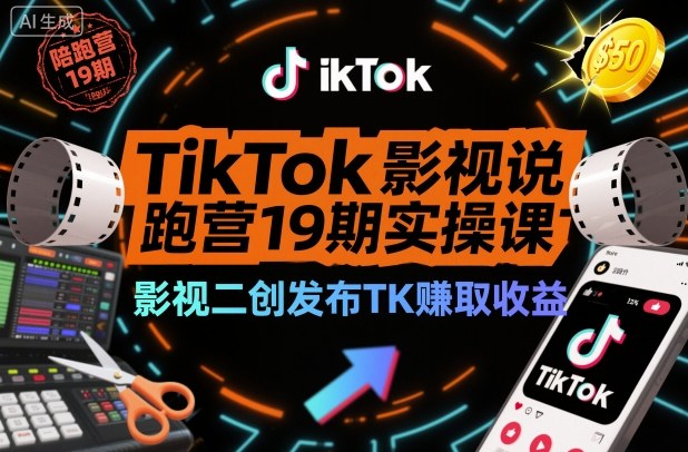 TikTok影視解說陪跑營19期實操課，影視二創發布TK賺取收益，萬播收益50美金 - 嚴選資源大全